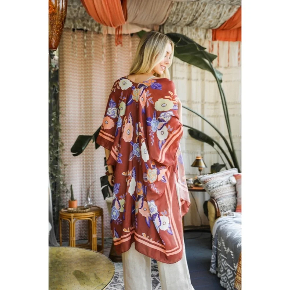 SOLD OUT Rust Blooms Floral Wallflower Spring Kimono Wrap Coverup Casual Top - Picture 3 of 3